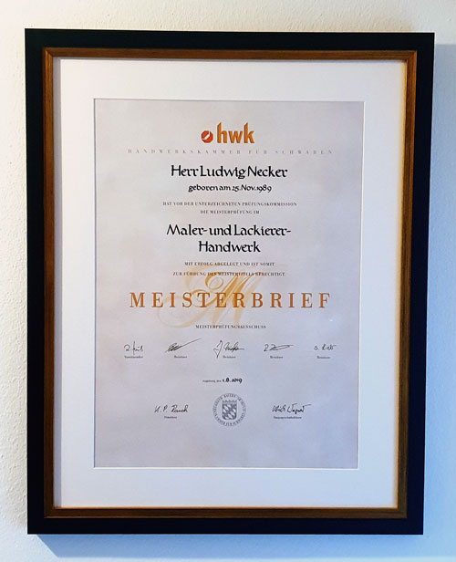 Meisterbrief von Herrn Ludwig Necker – Maler und Lackierer Handwerk